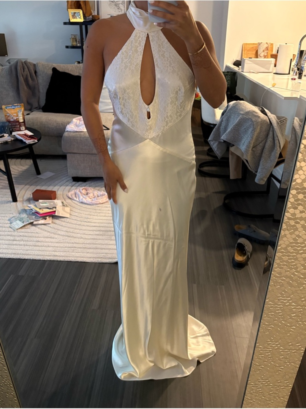 Reformation Ivory Halter Lace-Front Evening Gown Bridal